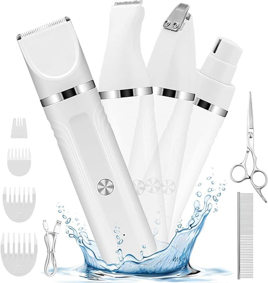 4 in 1 Dog Grooming Kit, Cordless Dog Clippers for Grooming, Low Noise Paw Trimmer Electric, Cat Hair Clippers Kit with Nail Grinder, Rechargeable Pet Hair Shaver for Small & Large Cat Pet