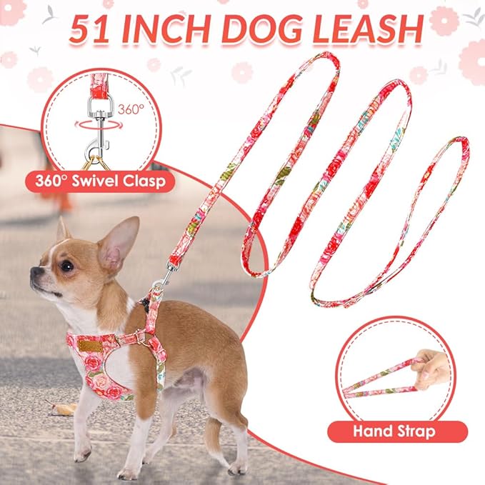 SlowTon No Pull Dog Harness with Leash - Soft Lightweight Floral Pattern Puppy Harness, Adjustable Pet Harness for Small Medium Dogs (Pink Rose XXS)