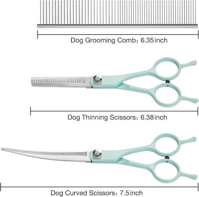 Professional Dog Grooming Scissors Set, 4 in 1 Dog Grooming Scissors Kit, Curved Dog Scissors Pet Thinning Shears, Pet Grooming Supplies, Blue