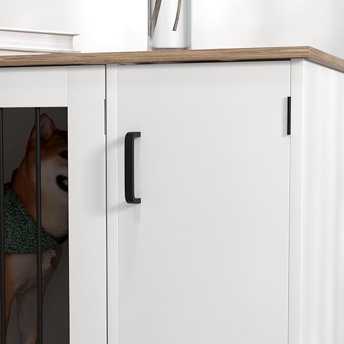 PawHut Dog Crate Furniture Side End Table with Storage, Dog Kennel Furniture Indoor with Double Doors for Medium and Large Dogs, Walnut