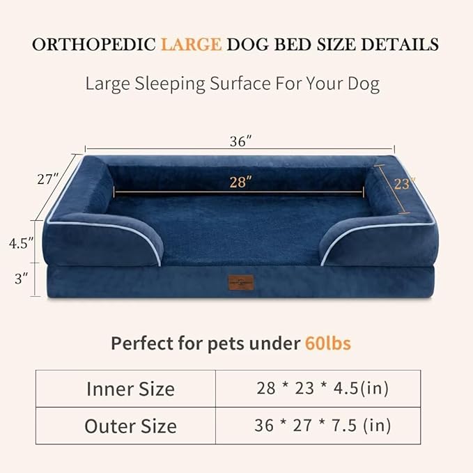 Large Dog Beds, Waterproof Dog Beds Orthopedic Foam, Large Dogs Sofa Comfy Pet Bed with Washable Removable Cover & Non-Slip Bottom(Large,Navy Blue)