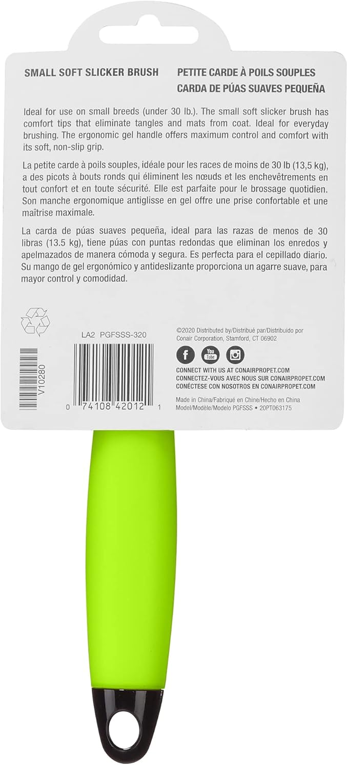 CONAIRPRO Dog & Cat Dog Brush for Shedding, Small Slicker Brush with Reinforced Metal Tips, Ideal for Smaller Breeds Green