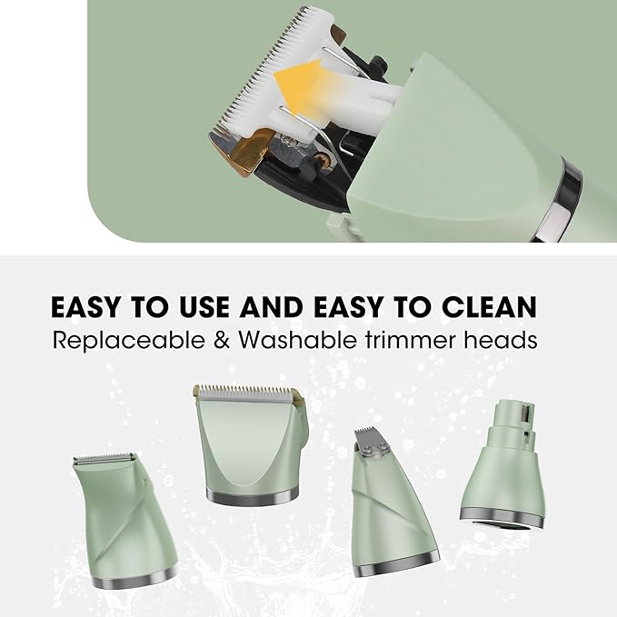 Upgrade Dog Grooming Kit, Cordless Dog Paw Trimmer, 4 in 1 Low Noise Pets Hair Clipper Grooming Kit, 2-Speed Nail Grinder with Stainless Steel Blade for Small Pet with Thick Coats (Green)