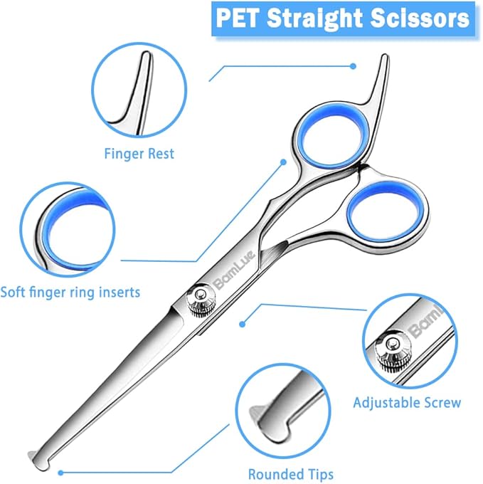 Bamlue 6 in 1 Professional Stainless Steel 4CR Safety Round Tip Dog Grooming Scissors, Anti-Rust Shears Cat Grooming Scissors Pet Kit, Thinning Straight Comb for Long Short Hair-Blue