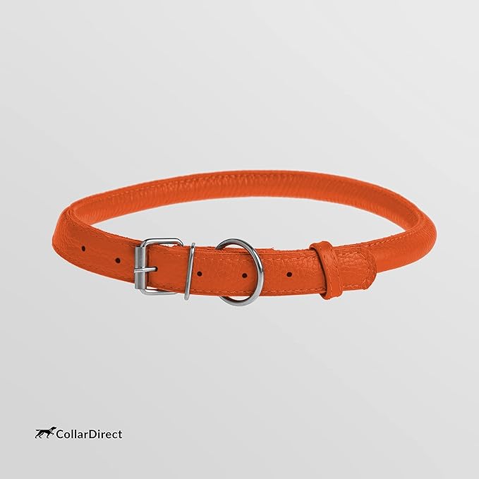 CollarDirect Rolled Leather Dog Collar, Soft Padded Round Puppy Collar, Handmade Genuine Leather Collar Dog Small Large Cat Collars 13 Colors (15-18 Inch, Orange Textured)