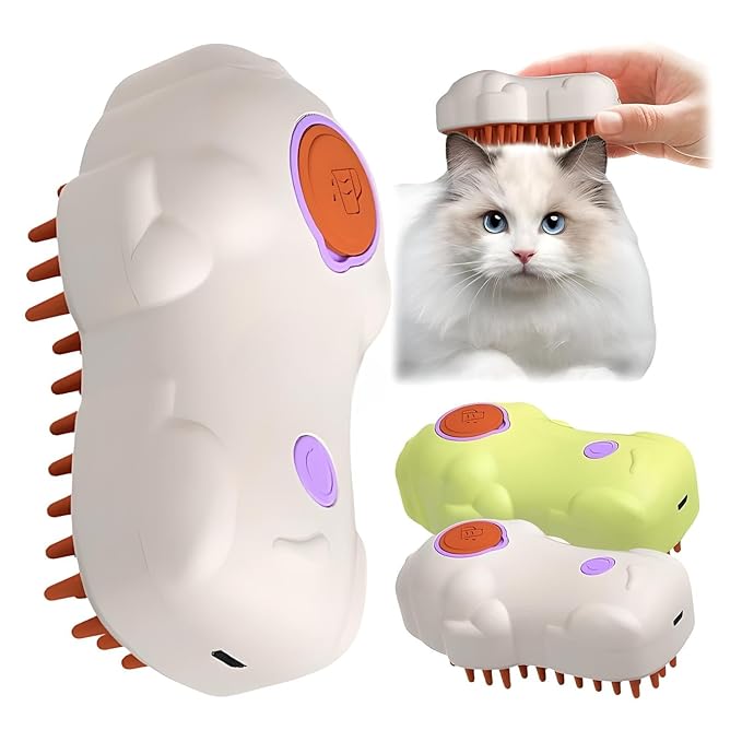 Cat Steam Brush: 3-in-1 Pet Grooming Steamer, Steamy Hair Brush for Cats, Undercoat Removal, Detangle, Removes Fleas, White, Hair Brush