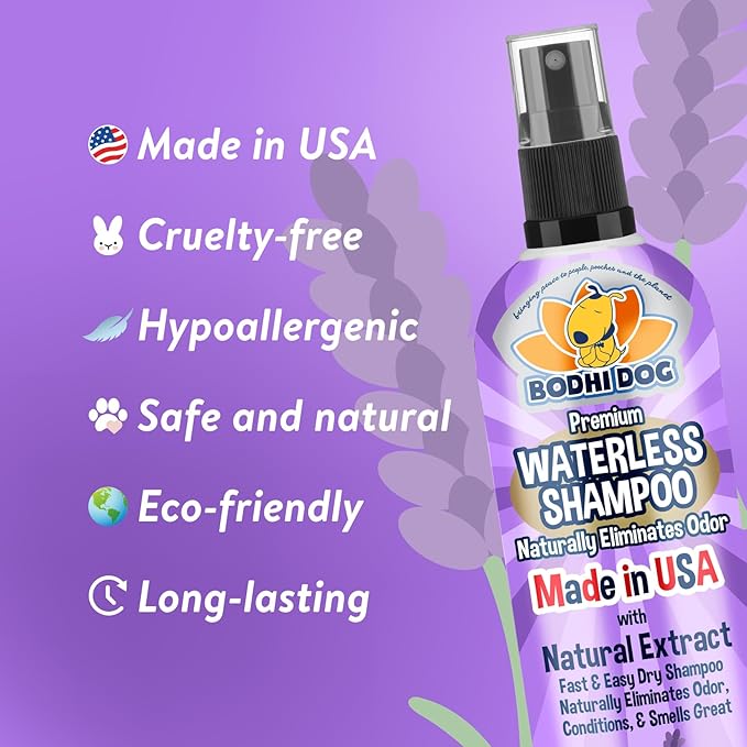 Bodhi Dog Waterless Shampoo - Natural Dry Shampoo for Dogs & Cats - Neutralizes Pet Odor - No Rinse Required - Made of Natural Extracts - Safe for Sensitive Skin - Made in USA - Lavender (8 Fl Oz)