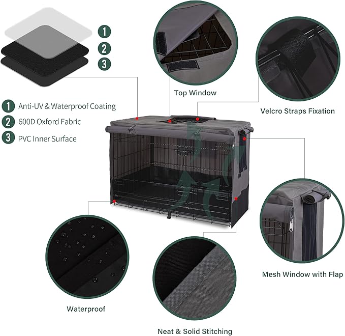 Rachmi Privacy Dog Crate Cover 36 Inch, Durable 600D Canvas Water Resistant Windproof Pet Kennel Cover for Universal Wire Crate with Double Doors, (37”Lx24”Wx25”H, Gray/Black)