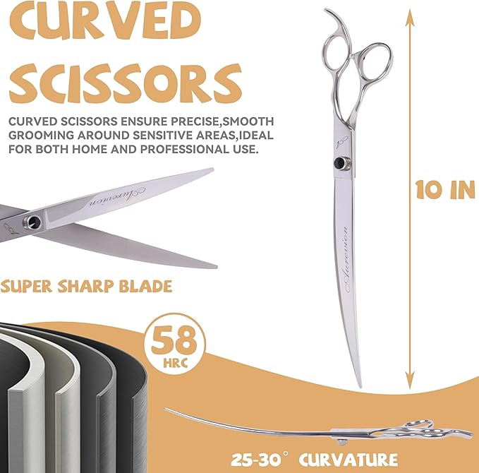 Professional Metal 10 In Curved Grooming Scissors for Dogs & Cats,30-Degree Curves Shears,Easy Hair Cutting for Pets at Home,Sharp and Comfortable Stainless Steel Clippers for Dog Trimming Face,Paws