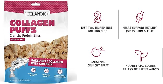 Icelandic+ Collagen Puffs: Baked Beef Collagen with Cod Skin 2.5oz - Treats for Med-Lg Dogs, Crunchy Protein Bites