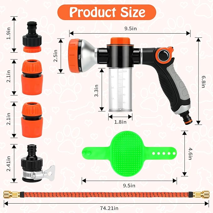 Rypet Dog Wash 8 Pieces Pet Bathing Tool Set Includes Expandable Hose Nozzle Foam Sprayer Connector Dog Rubber Brush for Bathing Dog, Horse or Other Pet
