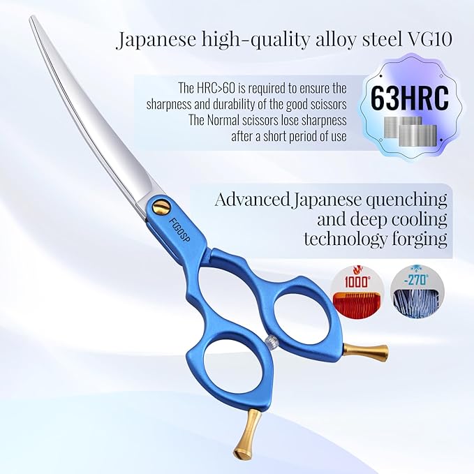 Professional Left Handed Curved Dog Grooming Scissors with Sharper Self Grinding lightweight and finely trimmed split structure 6.5'' Japan VG10 63HRC for small dogs cat pet(Blue)