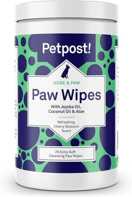Petpost | Paw Wipes for Dogs - Nourishing, Revitalizing Dog Paw Cleaner with Coconut Oil, Jojoba Oil, and Aloe - Ultra Soft Cotton Pads - Cherry Blossom Scent 70 ct.