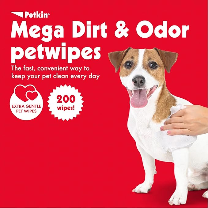 Petkin Mega PetWipes, 200 Wipes - Grooming Pet Wipes for Dogs and Cats - for Face, Paws, Ears, Body and Eye Area - Super Convenient Dog Cleaning Wipes, Ideal for Home or Travel - Easy to Use