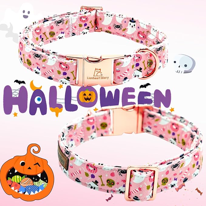 Lionheart glory Dog Collar Fall Halloween Pumpkin Collars Dog Heavy Comfortable Adjustable Pink Dog Collar for Large Collar Dogs Girls Boys Dog Collar Cute Pet Gift