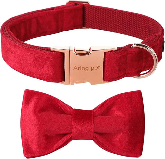 ARING PET Bowtie Dog Collar,Velvet Dog Collars with Removable Bowtie, Christmas Adorable Dog Collar, Large.