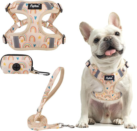 PUPTECK No Pull Dog Harness and Leash Set Reflective No Choke Step in Puppy Halter for XS Small and Medium Sized Dogs, Beige, Printed Fabric, L