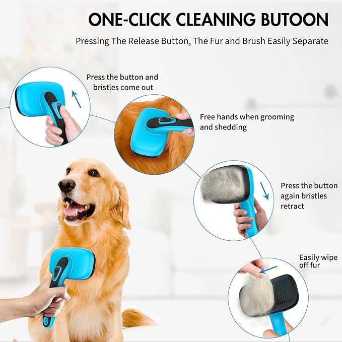 Dog Self Cleaning Slicker Brush for Shedding, Ideal for Short Long Haired Dogs, Including Cat. Removes Loose Fur, Undercoat, Mats, Tangled Hair. Suit for Large Medium Small Animal, Blue