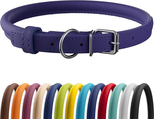 CollarDirect Rolled Leather Dog Collar, Soft Padded Round Puppy Collar, Handmade Genuine Leather Collar Dog Small Large Cat Collars 13 Colors (6-7 Inch, Purple Smooth)