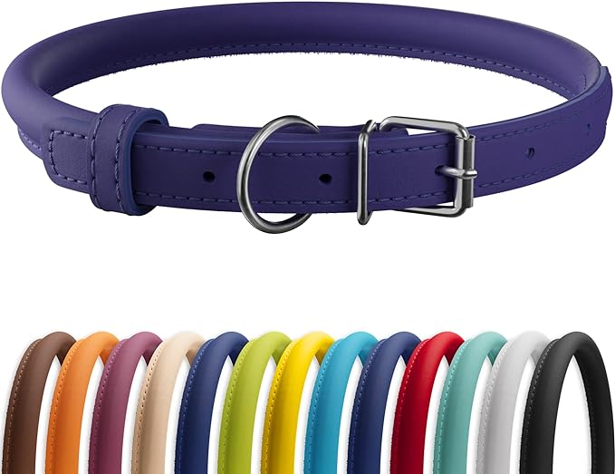 CollarDirect Rolled Leather Dog Collar, Soft Padded Round Puppy Collar, Handmade Genuine Leather Collar Dog Small Large Cat Collars 13 Colors (15-19 Inch, Purple Smooth)