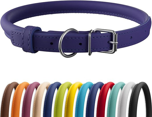 CollarDirect Rolled Leather Dog Collar, Soft Padded Round Puppy Collar, Handmade Genuine Leather Collar Dog Small Large Cat Collars 13 Colors (15-19 Inch, Purple Smooth)