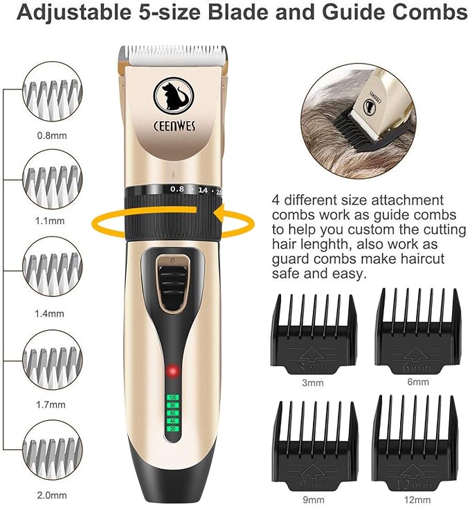 Power Display Dog Clippers Cordless Dog Grooming Kit Professional Horse Clippers Detachable Blade with 4 Comb Guides, Low Noise Pet Clippers Rechargeable Pet Grooming Tools for Dogs Cats Pets