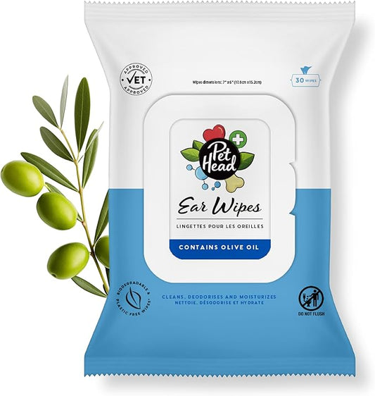Pet Head Health Ear Wipes for Cats and Dogs | Fragrance-Free | Cleans, Deodorizes and Moisturizes | Removes Dirt, Wax, Discharge, and Debris | Biodegradable and Plant-Based Dog Ear Cleaner | 30 Wipes