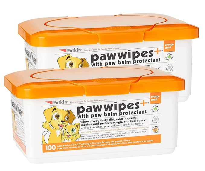Petkin Paw Wipes Plus, 200 Orange Scented Wipes, 2 Pack - Absorbent Pet Paw Wipes Remove Daily Dirt & Odors - Enriched with Paw Balm Protectant -Easy to Use Pet Wipes for Dogs, Cats, Puppies & Kittens