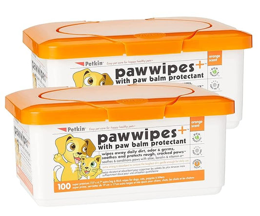 Petkin Paw Wipes Plus, 200 Orange Scented Wipes, 2 Pack - Absorbent Pet Paw Wipes Remove Daily Dirt & Odors - Enriched with Paw Balm Protectant -Easy to Use Pet Wipes for Dogs, Cats, Puppies & Kittens