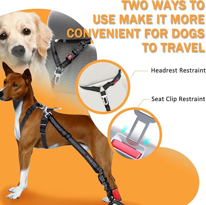 Vehicle Harnesses, 2 in1 Dog Belts for Cars, 2 Pack Pet Harnesses Headrest Restraint Clip Adjustable Dog Car Harness Belt with Anti-Shock Elastic Bungee Buffer for All Vehicles (Black)