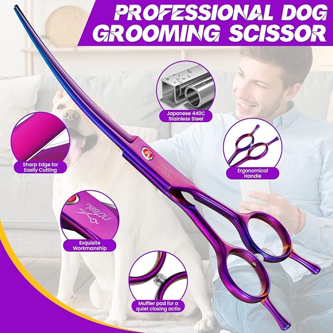JASON Curved Shears for Dogs - 7.5" Pet Grooming Scissors with Ergonomic Handle Japanese Stainless Steel Trimming Scissor for Dogs, Cats and Other Pets, Sharp (Up-Curved, Purple)
