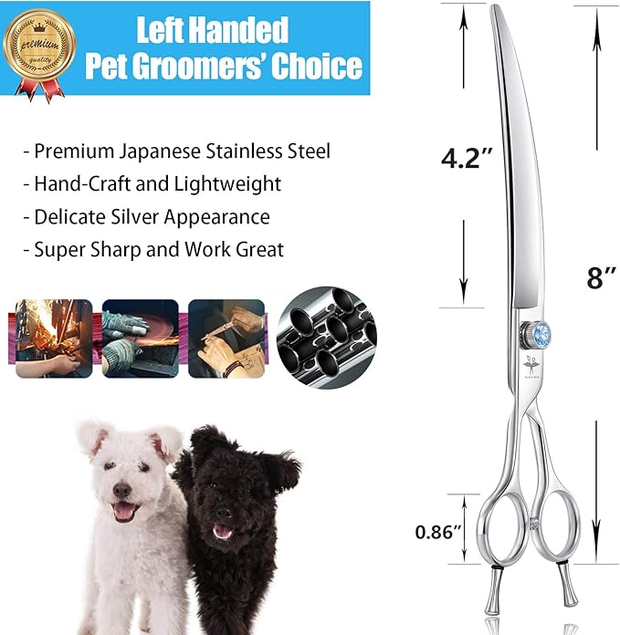 PURPLEBIRD 8 Inch Left Handed Downward Curved Dog Grooming Scissors Professional Pet Cutting Shears Safety Noiseless Blunt Tip Trimming Shearing for Dogs Cats Japanese Stainless Steel Silver