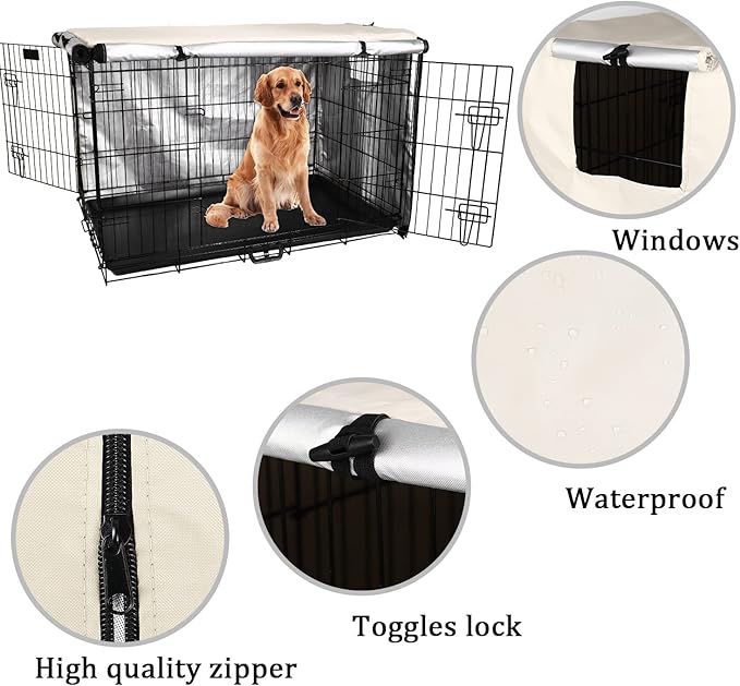 Senmortar Double Door Dog Crate Cover Wire Dog Cage Cover Waterproof Durable Lightweight 420D Polyester for Pet Crates Beige 36 inches