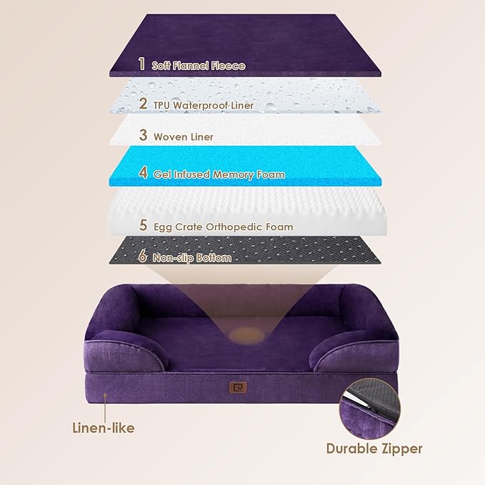 EHEYCIGA Orthopedic Dog Beds for Extra Large Dogs, Waterproof Memory Foam XXL Dog Bed with Sides, Non-Slip Bottom and Egg-Crate Foam Big Dog Couch Bed with Washable Removable Cover, Purple