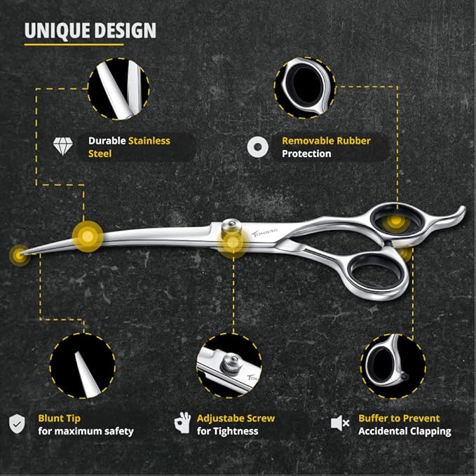 TOMBRO 7.0" Curved Dog Grooming Scissors Professional Curved Scissors for Pets 6CR Stainless Steel Pet Grooming Scissors with Safe Round Tips,Pets Grooming Shears with Offset Handle (Down-curved)