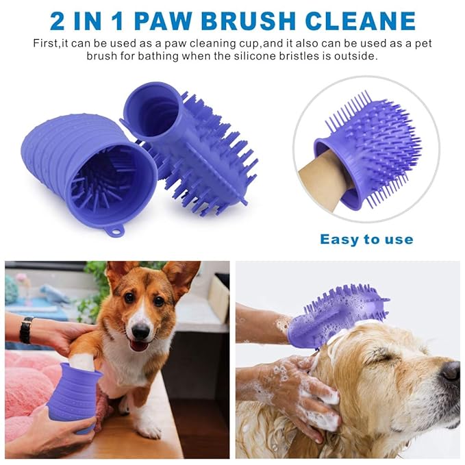 Idepet Dog Paw Cleaner Cup with Towel Pet Foot Washer Protable Dogs Cleaning Brush for Puppy Cats Massage Grooming Dirty Claws (Purple)