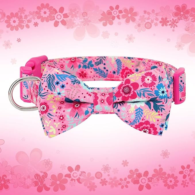 Didog Floral Dog Collar with Bow, Cute Girl Dog Collars with Detachable Bowtie, Soft & Comfy Spring Summer Dog Collar for Small Medium Large Dogs Gift Holiday, Hot Pink, L