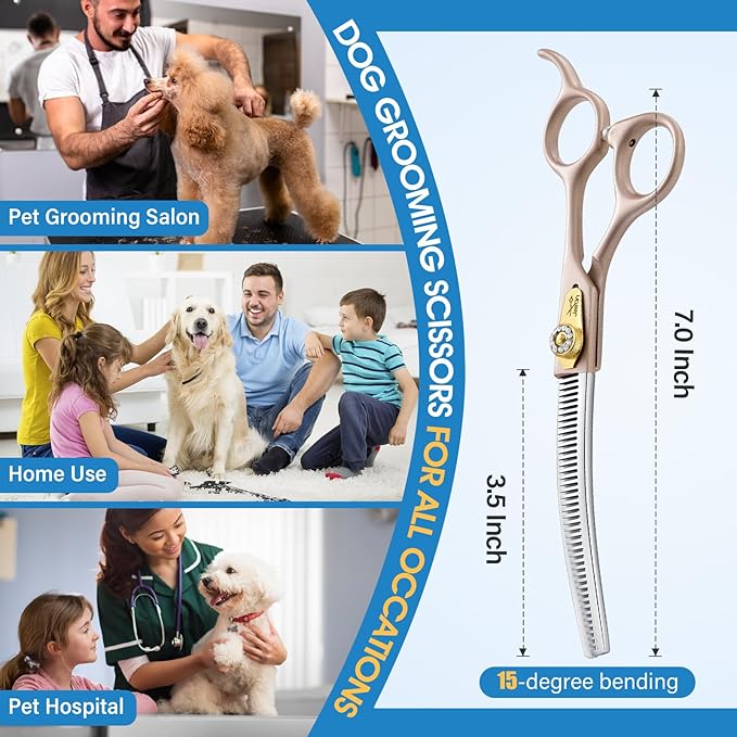 JASON Updated Curved Thinning Shears - 7” Professional Dog Grooming Scissors, 440C Stainless Steel, Adjustable Screws, 20%-25% Thinning Rate