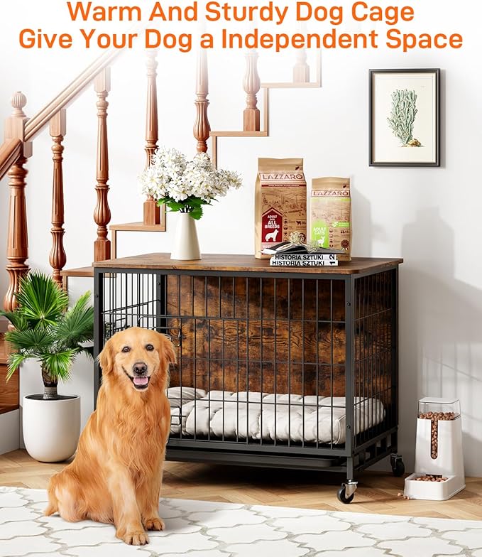 Dog Crate Furniture, Dog Kennel Indoor Double Doors Wooden Dog Cage, 32'' Dog Crate with Pull-Out Tray & Removable Wheels, Decorative End Table Pet House Chew-Resistant for Medium Dog, Rustic Brown