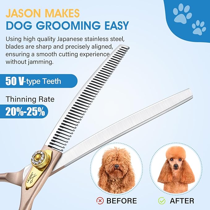 JASON Updated Curved Thinning Shears - 7” Professional Dog Grooming Scissors, 440C Stainless Steel, Adjustable Screws, 20%-25% Thinning Rate