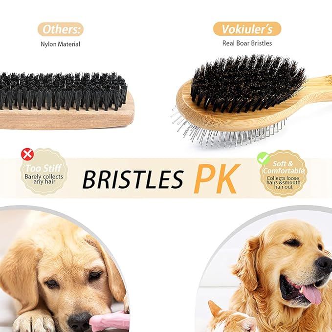 Dog Brush Cat Brush, Double Sided Bristle and Pin Pet Brush for Dog Grooming, Real Boar Bristle Shedding Brush with Bamboo Handle for Long Short Hair, 4 Pack Dog Comb, Black+Yelbow