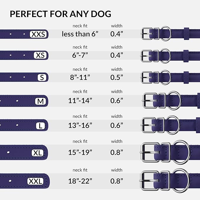 CollarDirect Rolled Leather Dog Collar, Soft Padded Round Puppy Collar, Handmade Genuine Leather Collar Dog Small Large Cat Collars 13 Colors (15-19 Inch, Purple Smooth)