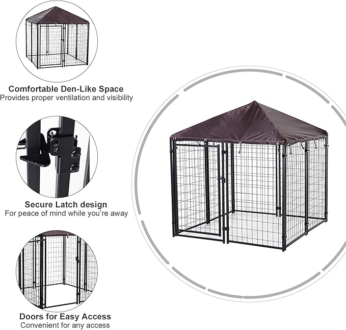 PawHut 4.6' x 4.6' x 5' Outdoor Dog Kennel, Walk-in Pet Playpen, Welded Wire Steel with Water and UV-Resistant Canopy, Black