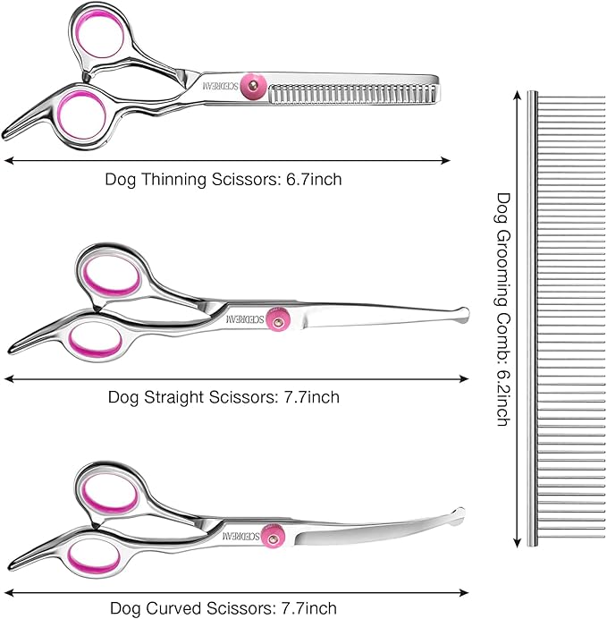 Professional Dog Grooming Scissors with Safety Round Tips, 5 in 1 Dog Grooming Scissors Kit, 4CR Stainless Steel Professional Pet Grooming Shears for Dog, Sharp and Durable, Pink