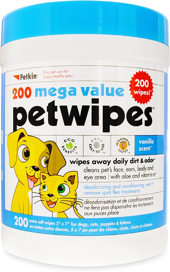 Petkin Mega PetWipes, 200 Wipes - Pet Wipes for Dogs and Cats - For Face, Paws, Ears, Body and Eye Area - Super Convenient Dog Cleaning Wipes, Ideal for Home or Travel - Easy to Use