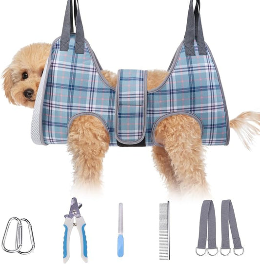 BEAUTYZOO Dog Grooming Hammock, Small Dog Sling for Nail Trimming, Dog Hanging Harness for Claw Care with Thick Fabric Neck Support Wide Strap Restraint Cat Grooming Hammock, Blue XS