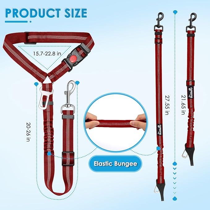 Lukovee Dog Seatbelt Leash for Cars, 2 Pack Pet Safety Car Seat Belt with Adjustable Buckle & Reflective Bungee, Connect Dog Harness in Vehicle Car Dogs Restraint Travel Daily Use (Red)
