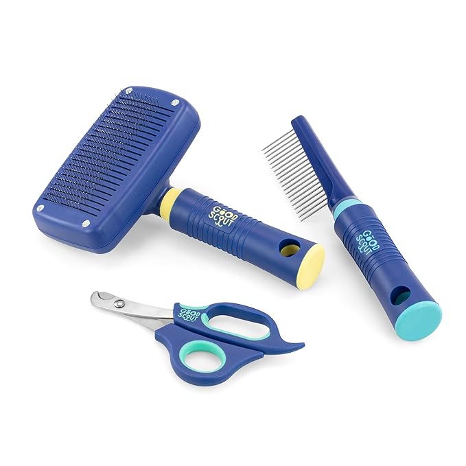 Good Scout 3-Piece Grooming & Deshedding Set with Pet Comb, Self-Cleaning Slicker Brush & Pet Nail Clippers, Best Deshedding Tool for Long or Short Haired Dogs & Cats, Gentle & Safe Grooming Tool