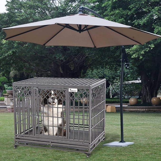 SMONTER 46" Heavy Duty Dog Crate Strong Metal Pet Kennel Playpen with Two Prevent Escape Lock, Large Dogs Cage with Wheels, Y Shape, Dark Silver …