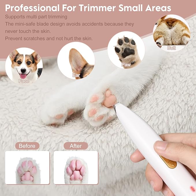 Dog Clippers for Grooming, Dog Paw Trimmer, Pet Paw Trimmer, Mini Trimmer for Dogs, Rechargeable, Low Noise for Trimming Dog Cat Hair Around Paws, Eyes, Ears, Face, Rump (White)